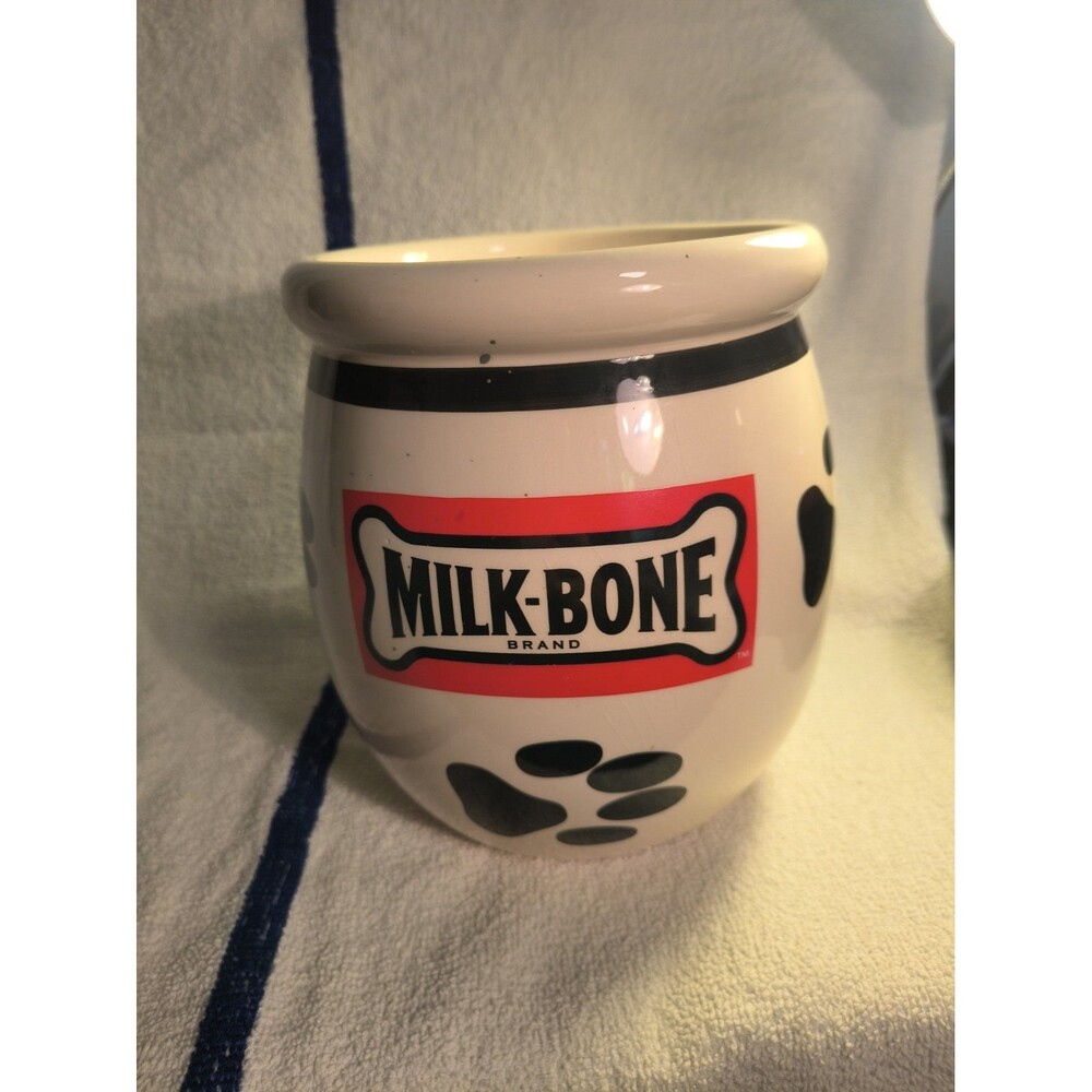 Vintage Milk Bone Ceramic Dog Treat Jar Base Replacement Paw Print Canister Open